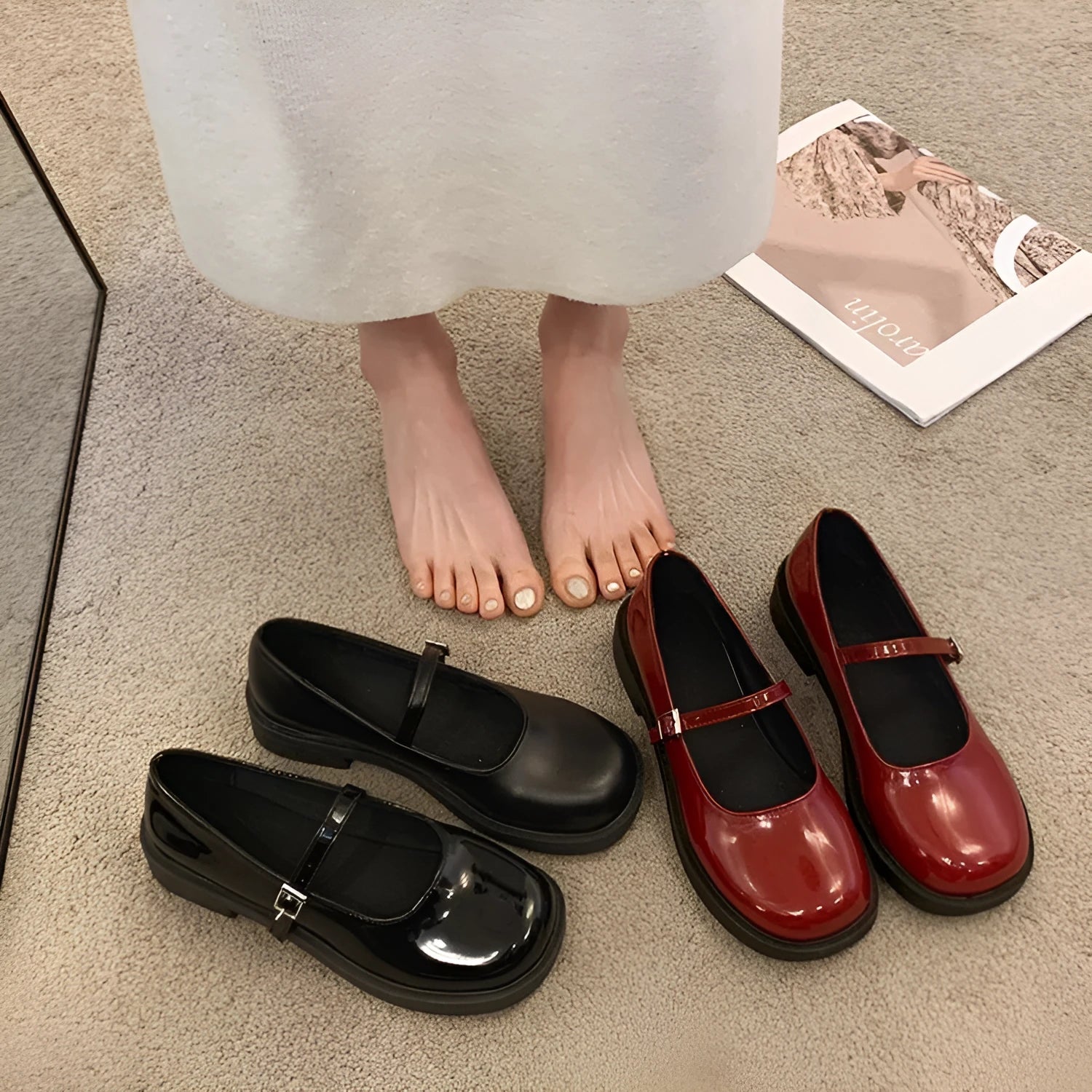 Women's flat-heeled leather shoes with round toe in red, black, and grey colour options showing vintage French styling