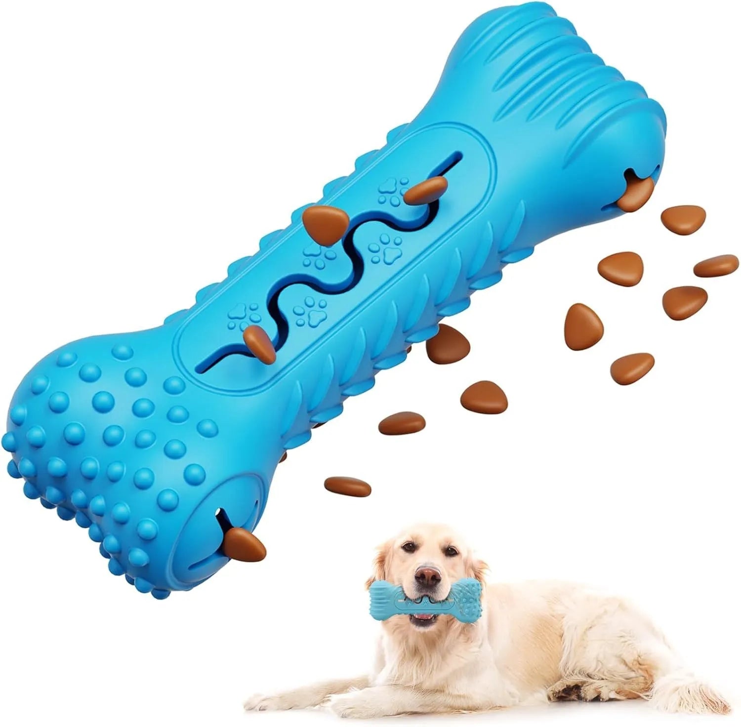 Blue green orange natural rubber bone-shaped dog chew toy for aggressive chewers with textured teeth cleaning surface