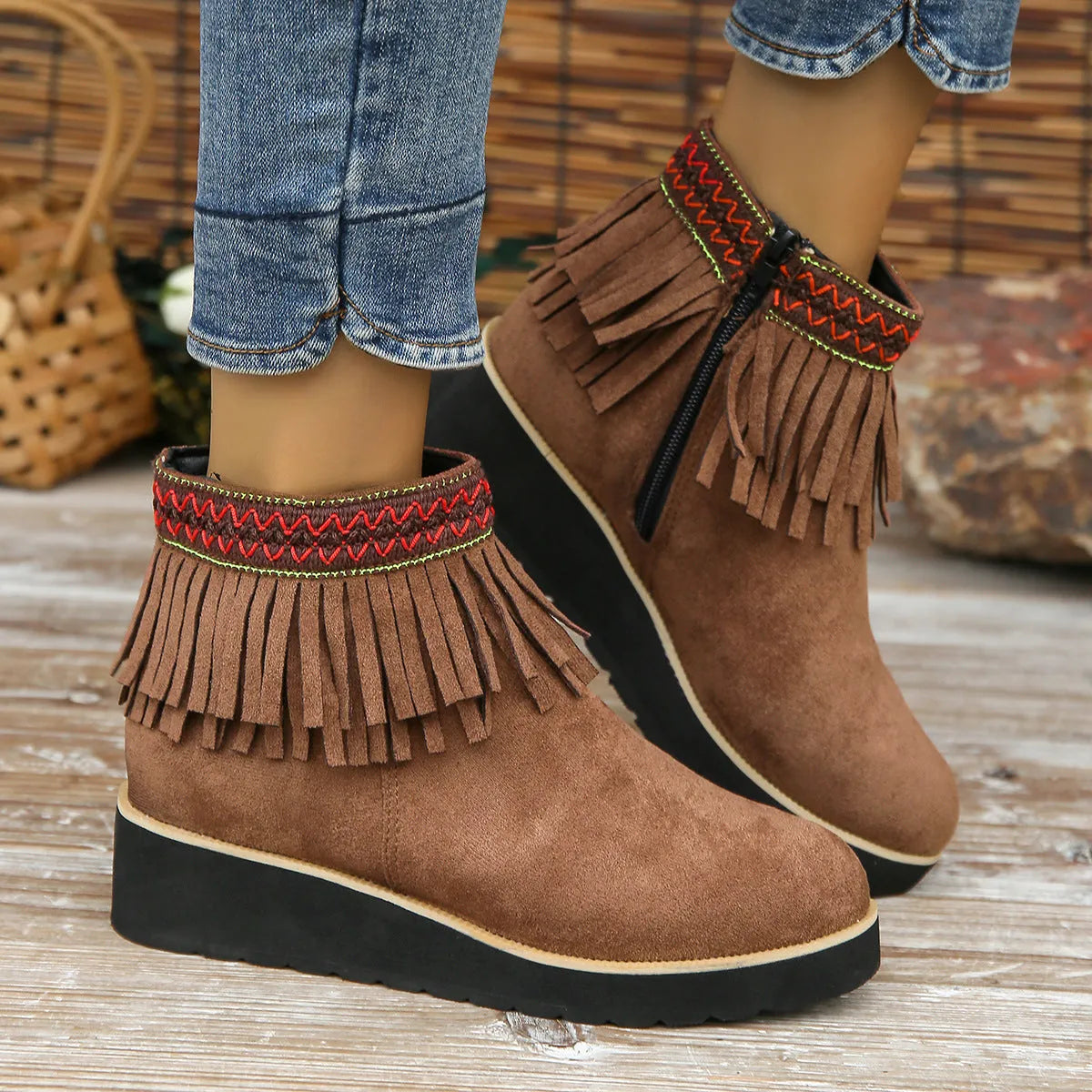 Women's black suede wedge boots with a side zipper and thick platform sole