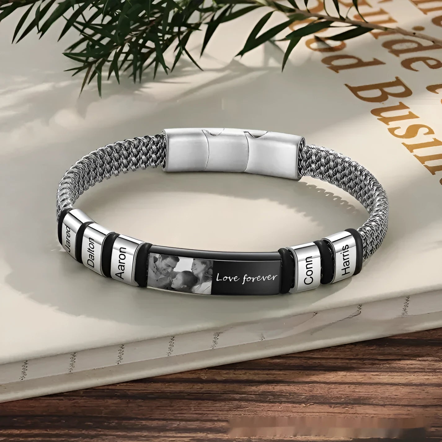 Men's stainless steel lettering bracelet with heart-shaped beads on leather rope band