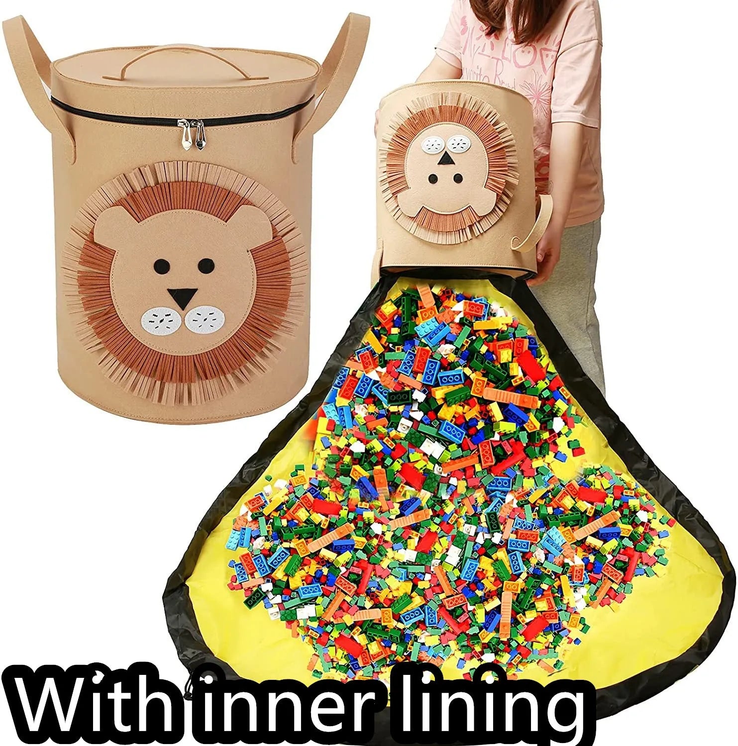 Green felt cube storage bag with pull rope, laid flat as a play mat for toys.