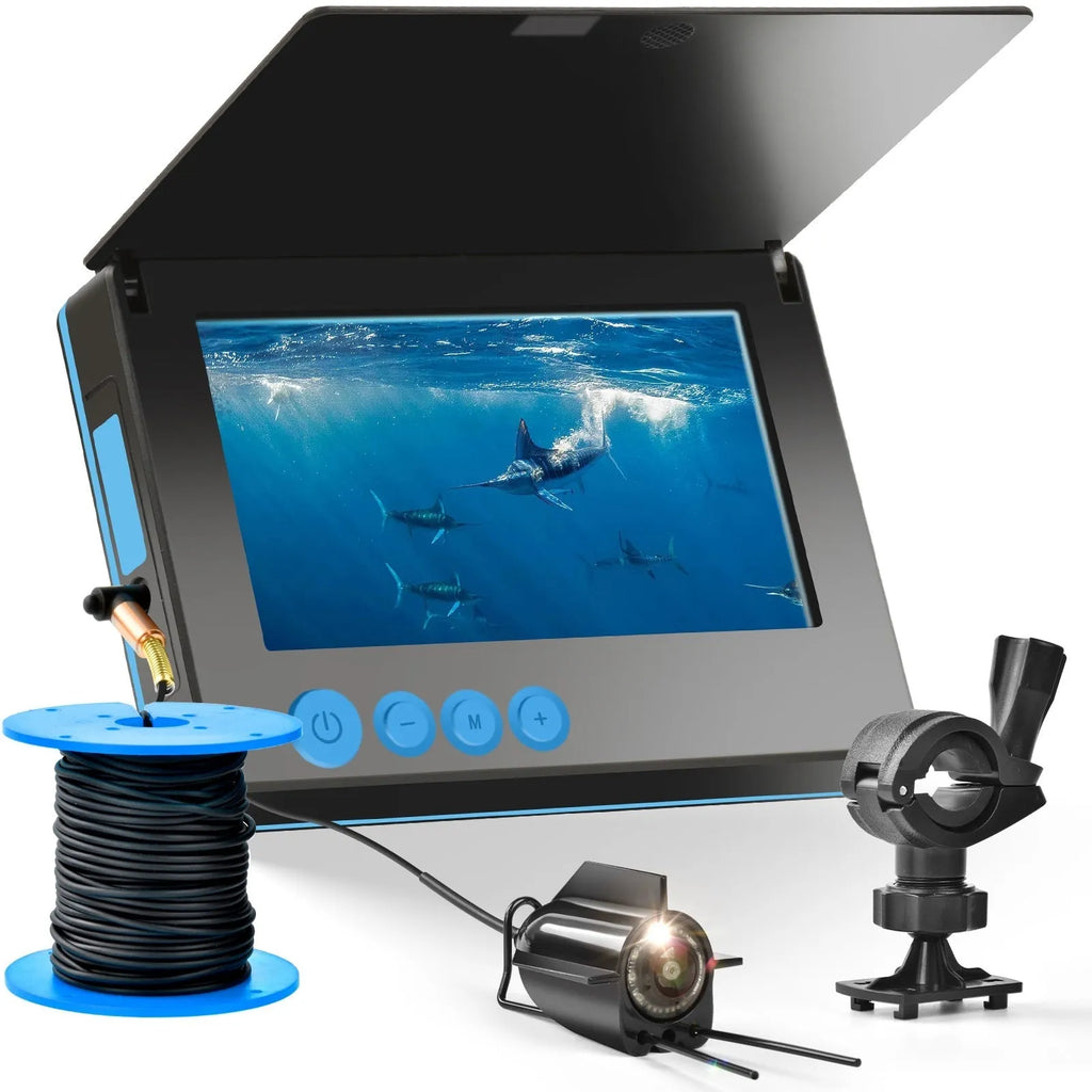Underwater fish finder HD camera with 4.3-inch IPS screen showing underwater footage with night vision lights active.