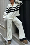 Women's black and white striped polo collar knitted two-piece set with matching trousers