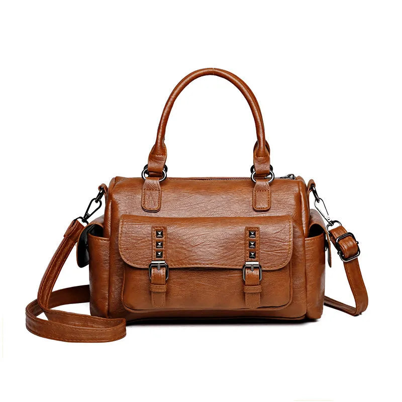Vintage messenger bag in horizontal square shape with contrast stitching, available in multiple colours