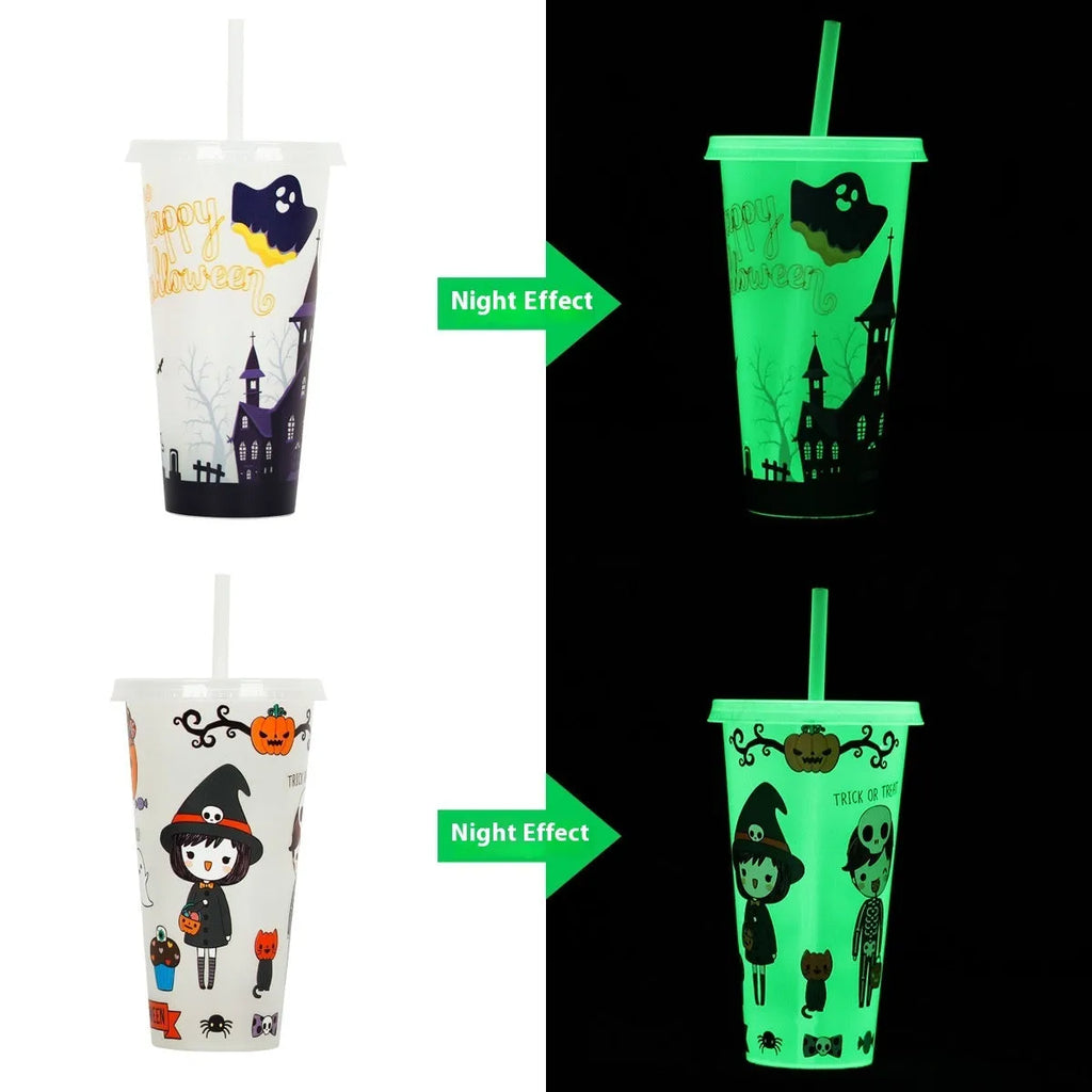 A 720ml cylindrical plastic cup with a luminous straw, shown in various colours for Halloween.