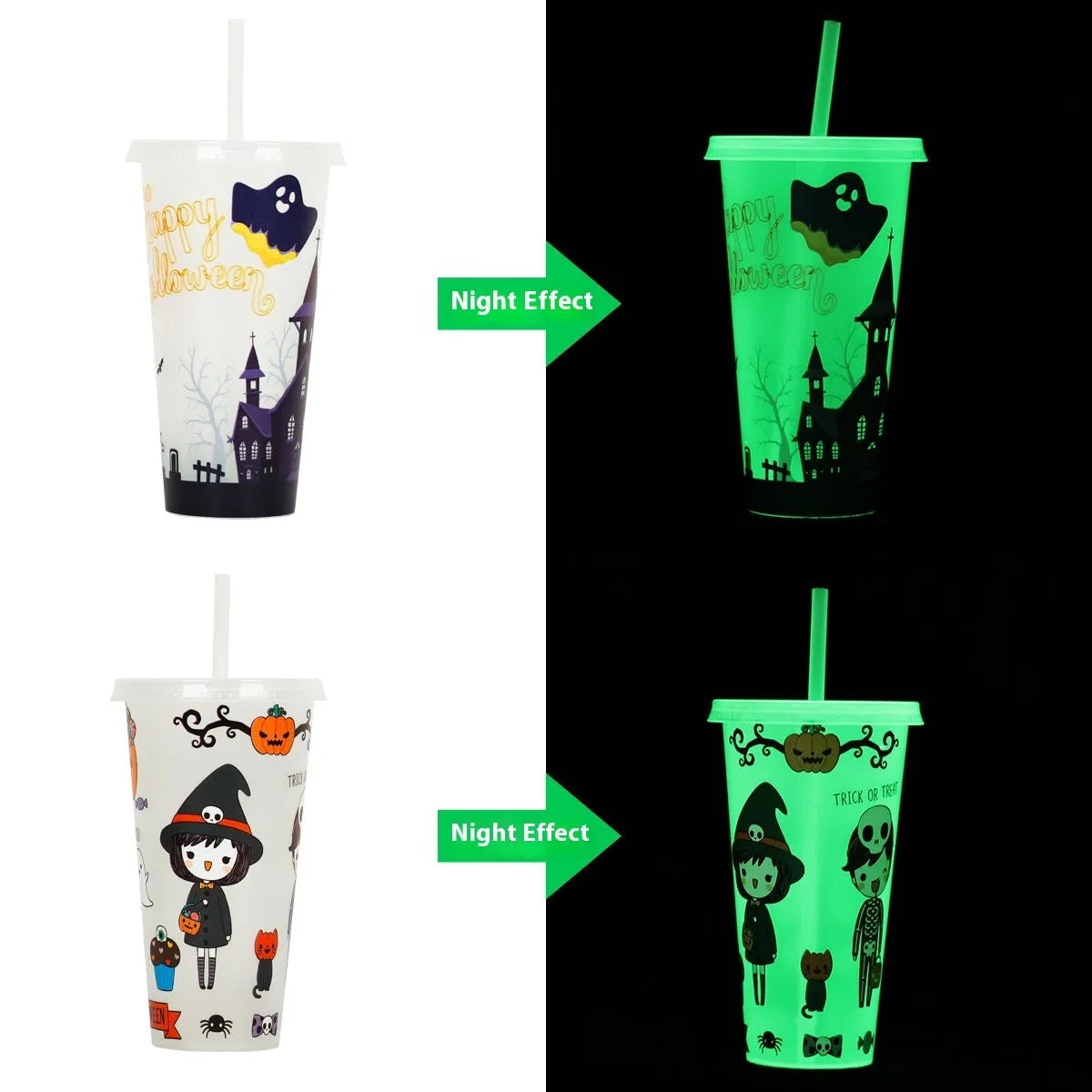 A 720ml cylindrical plastic cup with a luminous straw, shown in various colours for Halloween.
