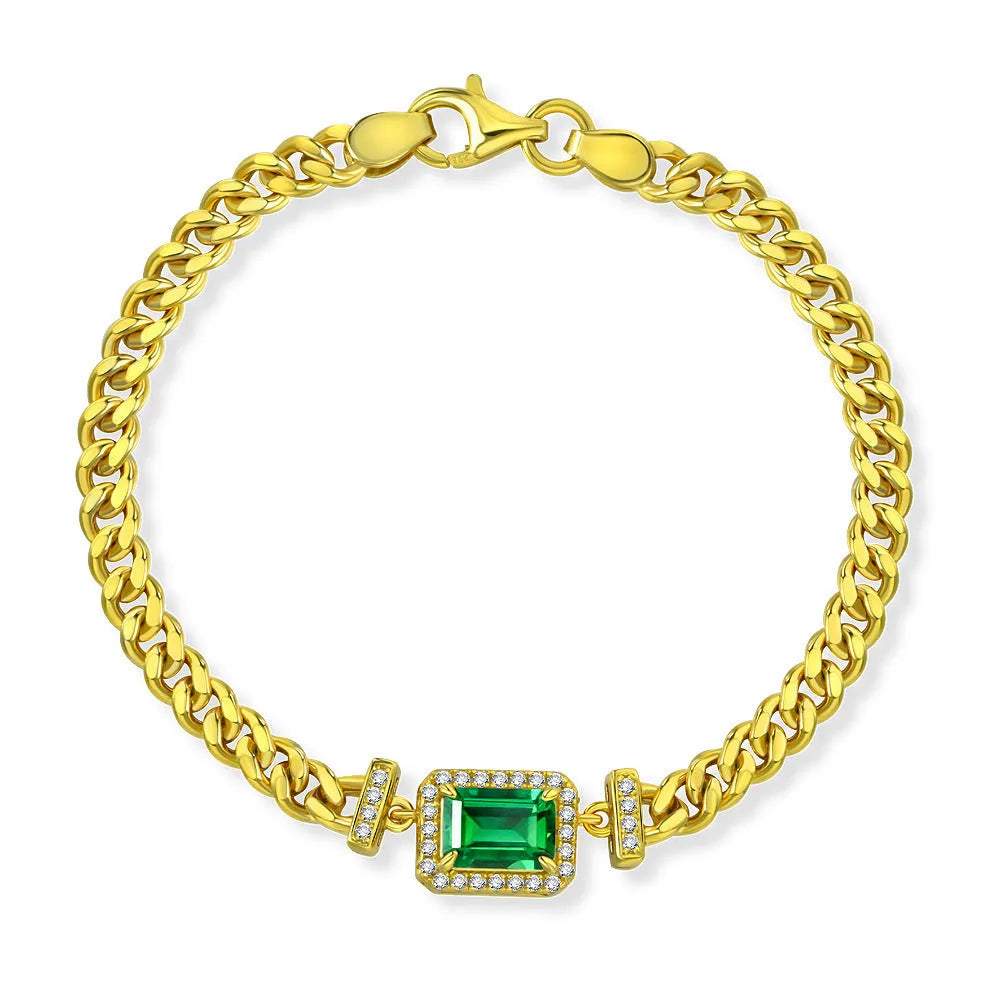 Cuban bracelet in 925 silver with green finish and flower shape, 17cm length for women