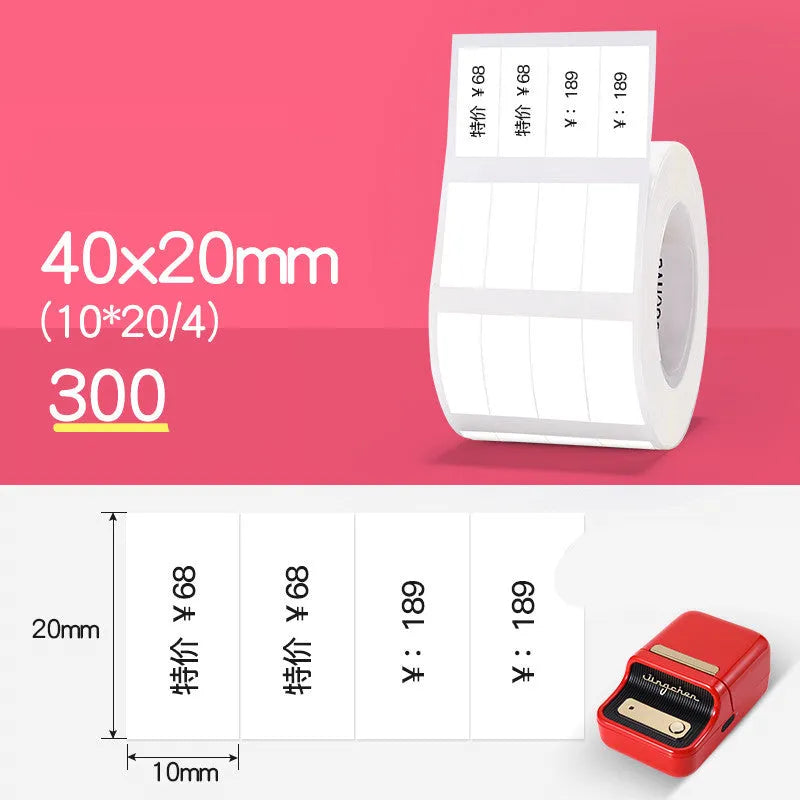 Thermal barcode paper labels with protective film on a roll, multiple size options from 30mm to 80mm, direct thermal printing.