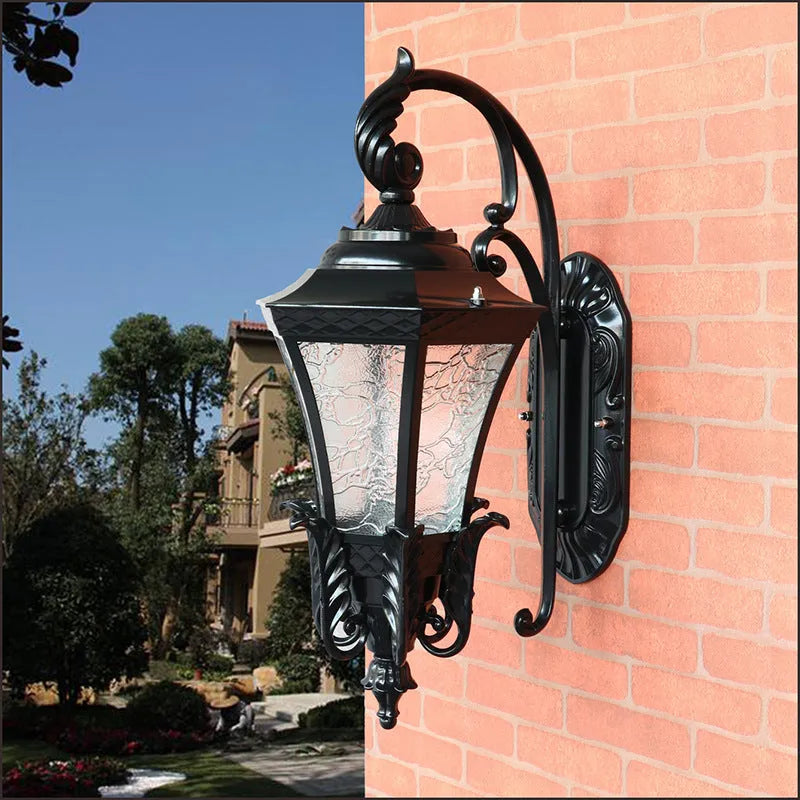 European-style black outdoor solar wall lantern with remote control for courtyard lighting
