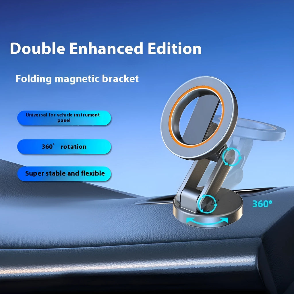 Universal folding car phone holder with black magnetic bracket on car dashboard