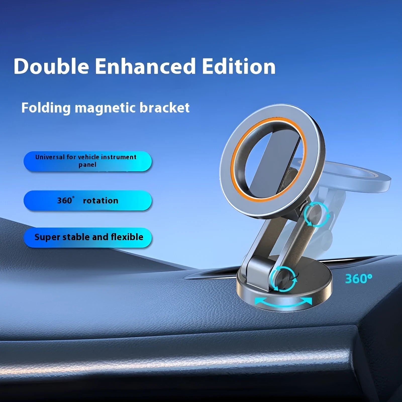 Universal folding car phone holder with black magnetic bracket on car dashboard
