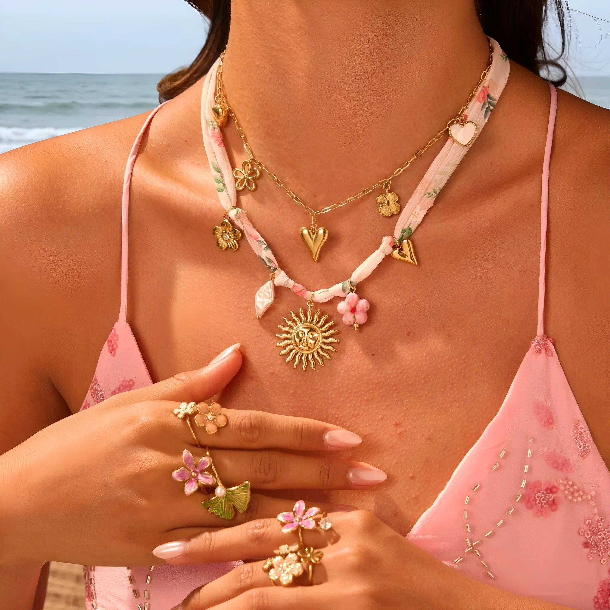Sun pendant necklace on adjustable stainless steel chain with 18K gold electroplating