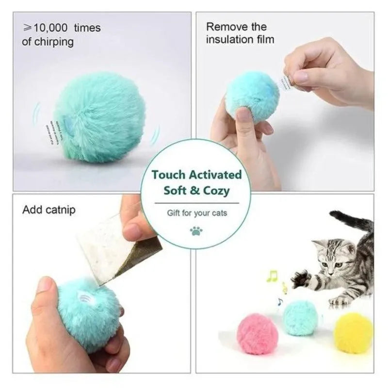 Blue, pink, and yellow interactive cat toy balls with 55mm diameter and gravity sensor trigger.