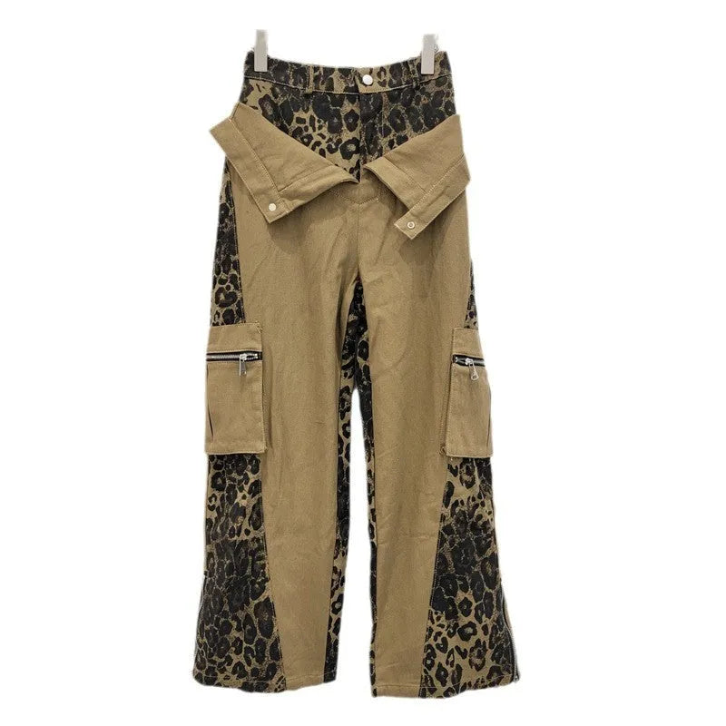 Women's dark khaki leopard print high waist straight leg jeans with contrast stitching detail.