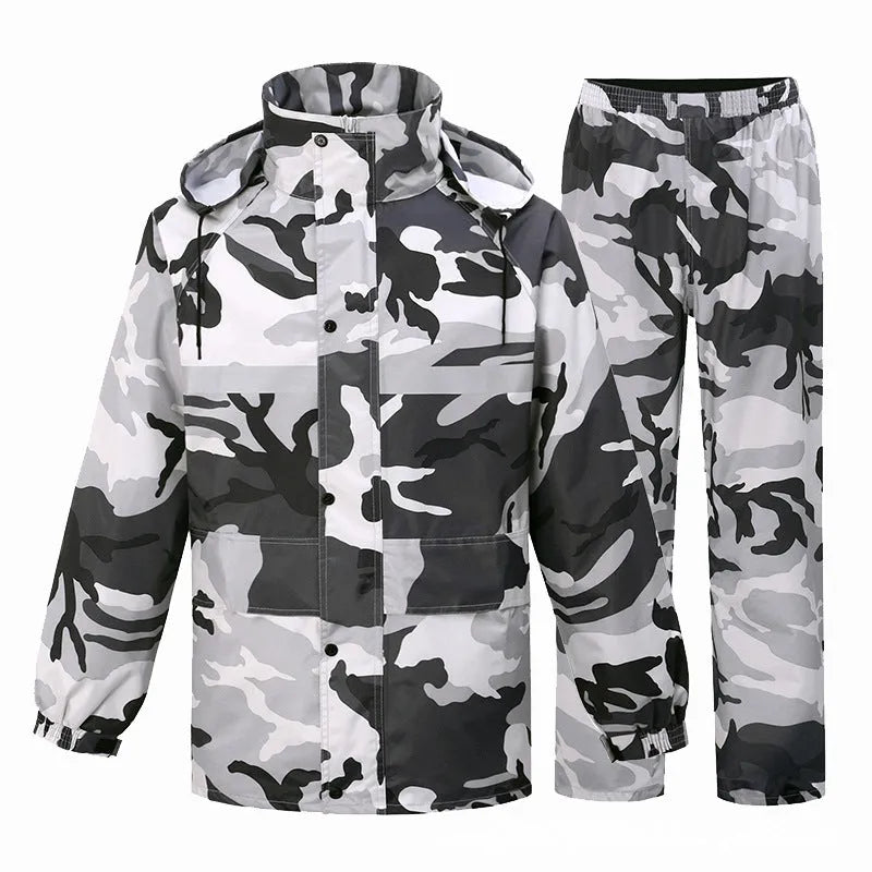 Gray camouflage raincoat and rain trousers suit for men, two-piece set with PVC waterproof coating, on white background.