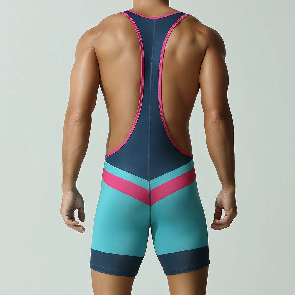 Men's blue polyester sports vest jumpsuit for athletic training