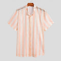 Pink men's loose-fit waffle texture cardigan shirt with short sleeves on a hanger
