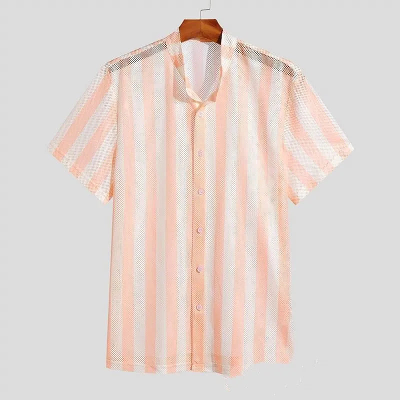 Pink men's loose-fit waffle texture cardigan shirt with short sleeves on a hanger