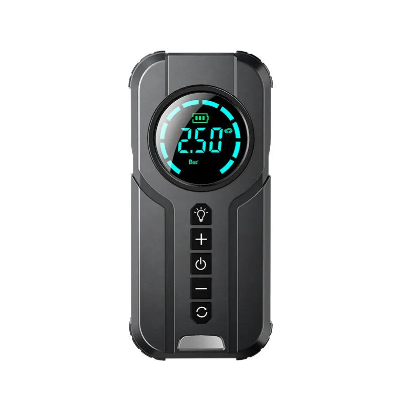 Black wireless portable car air pump with LCD screen, 6000mAh battery, and multiple inflation nozzles on a grey background