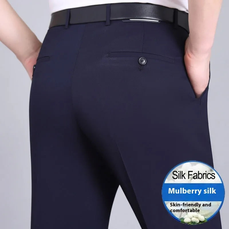 Men's dark blue straight-leg business trousers with a high waistband on a hanger.