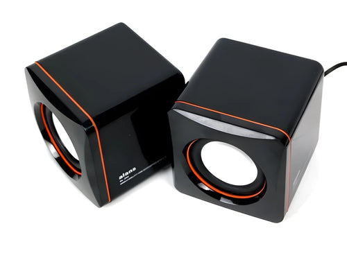Black square USB-powered 2.0 desktop computer speaker measuring 7cm