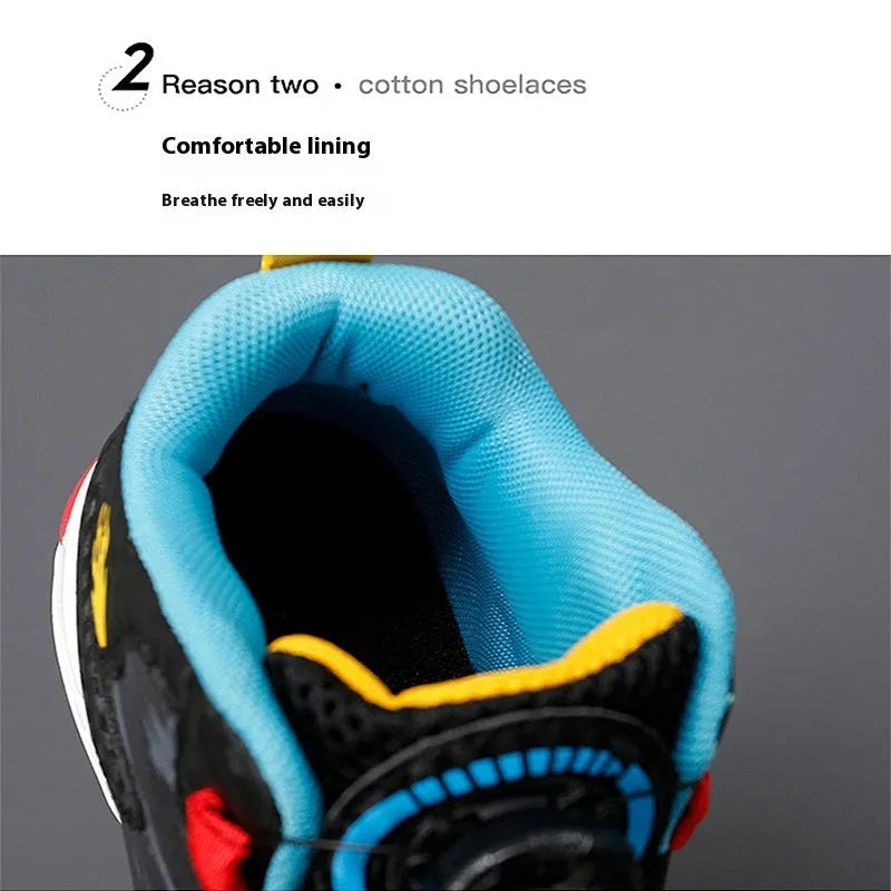 Children's rotating button closure basketball shoes in multiple colours with a PU sole.