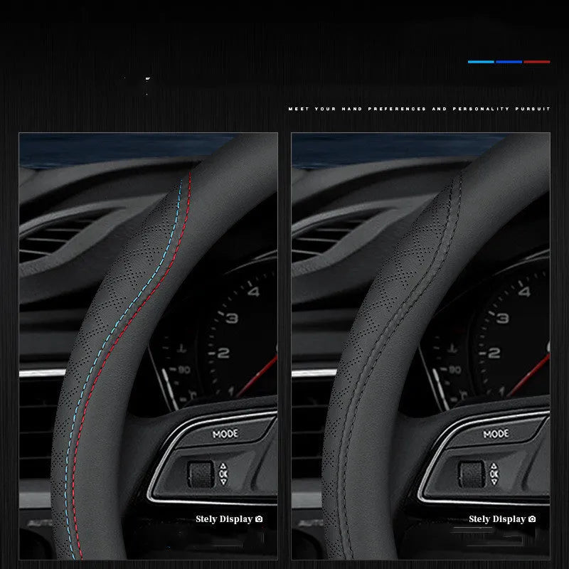 Black Napa leather texture car steering wheel cover with two-colour line stitching, shown with a 38cm diameter.