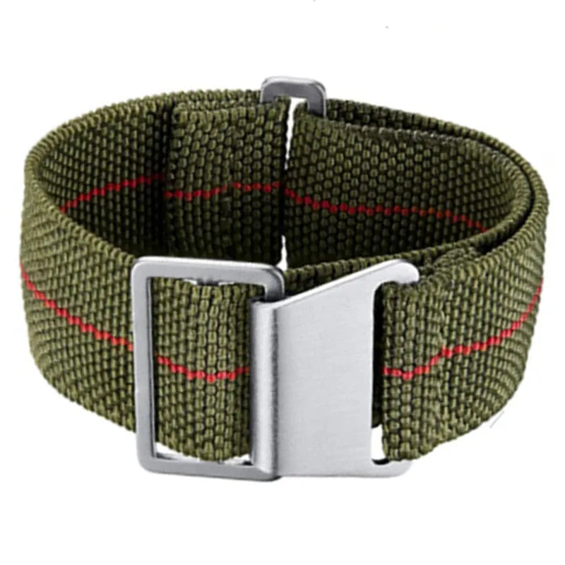 Nylon parachute watchband in green, blue, and black with silver buckle, 18mm 20mm 22mm widths