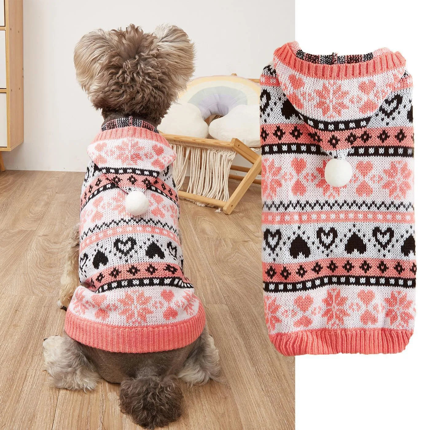 Blue striped camouflage dog sweater with snowflake and heart pattern on small white dog