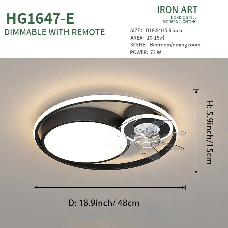 Nordic style 48cm ceiling fan light with metal blades and acrylic lampshade in black or gold finish.