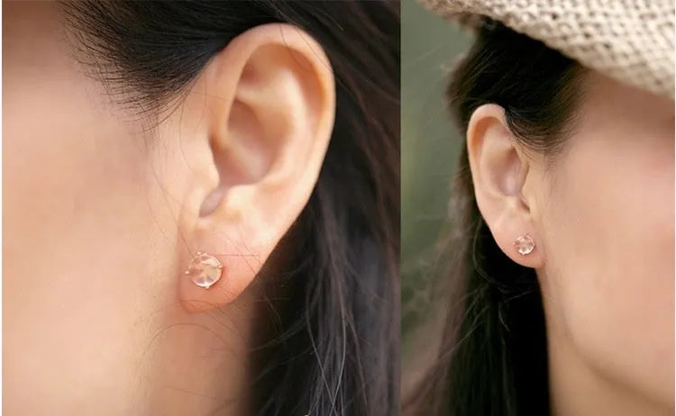Women's rose gold drop shape stud earrings with synthetic ross quartz stone Korean style design