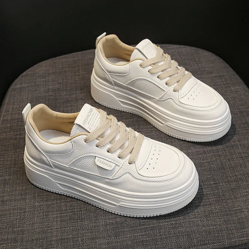 Platform thick sole casual sports skate shoes in black, genuine leather upper, round toe, front lace-up, low top