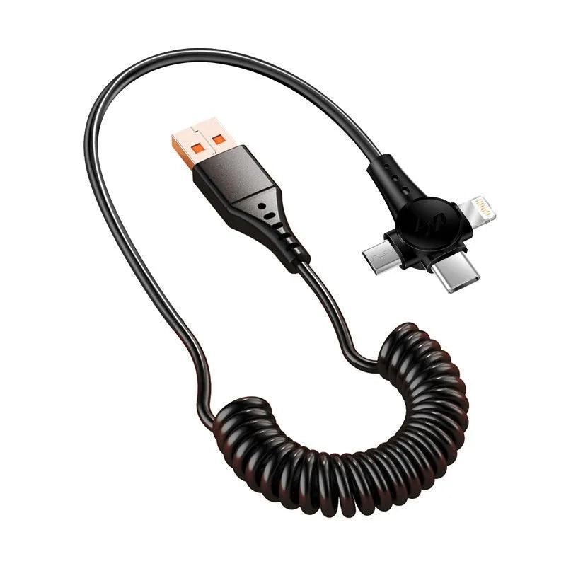 Three-in-one retractable TPE data cable with Type-C, Lightning, and Micro USB connectors in black, 1.5 metres