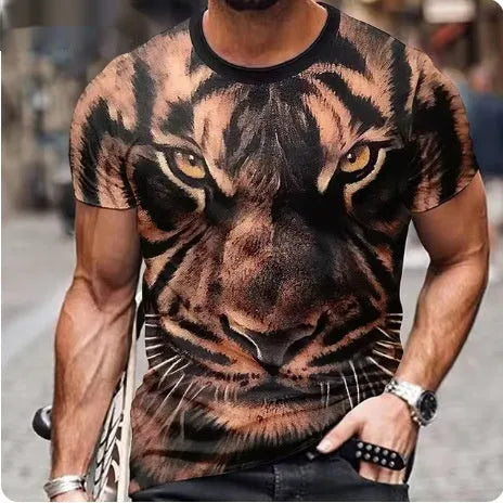 Men's grey T-shirt with a raised 3D print of a fierce lion's face on the front.