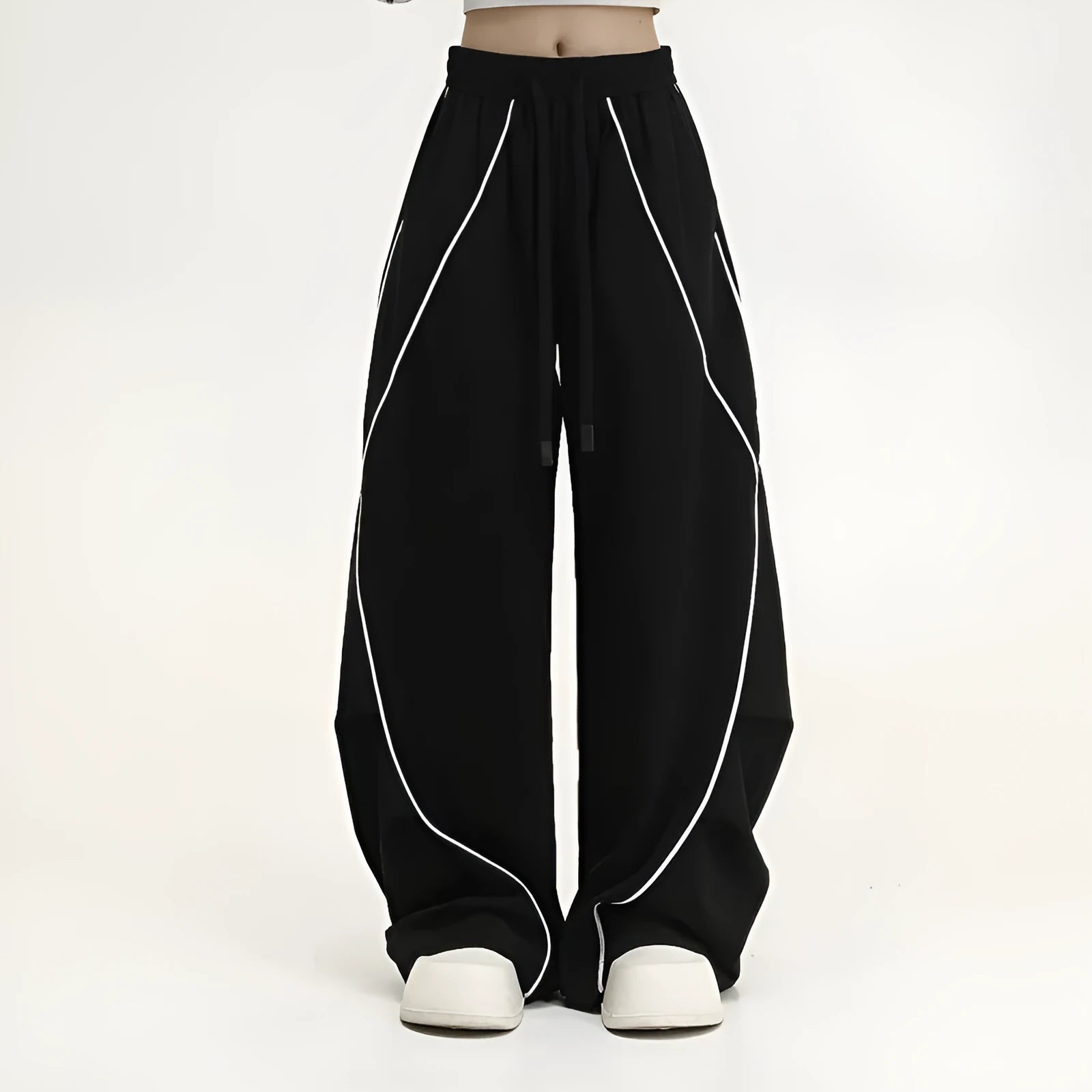 Black pleated wide-leg hip hop sports trousers with a striped pattern