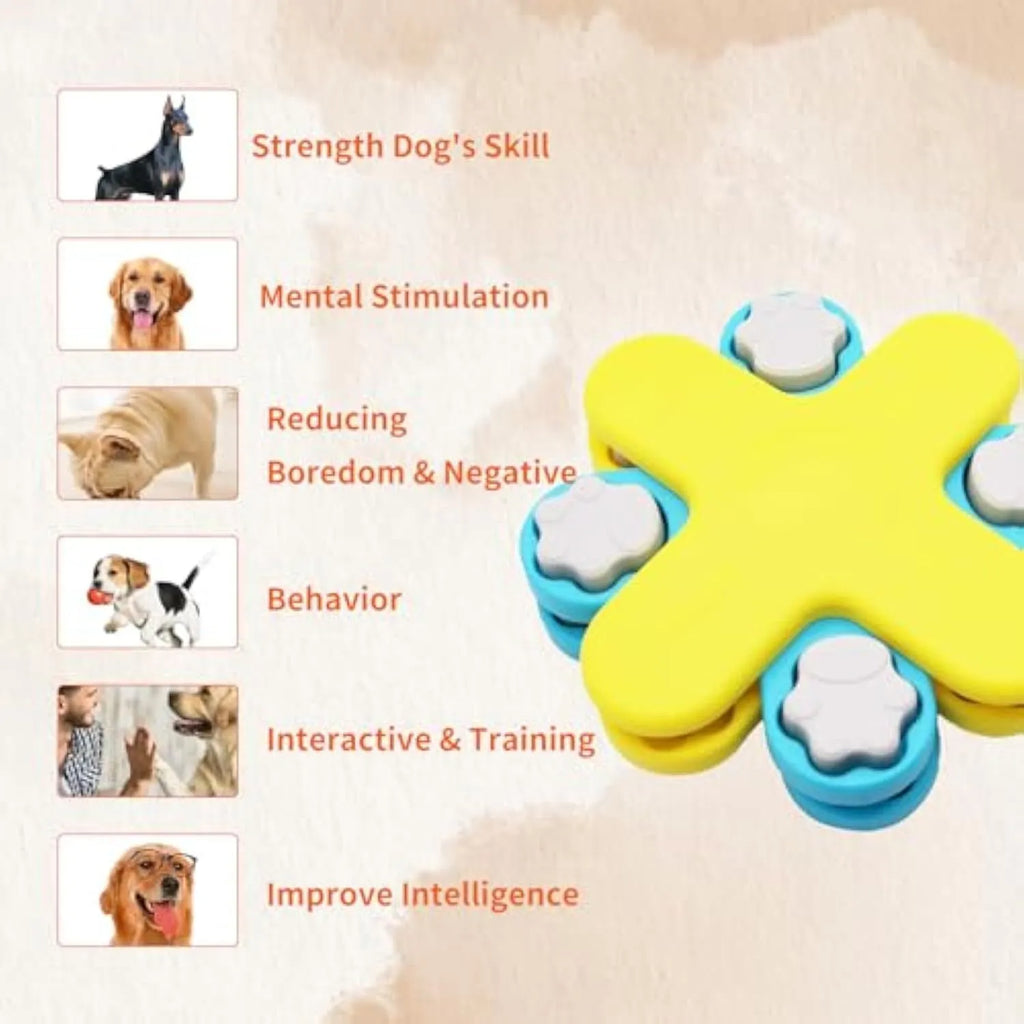 Yellow three-layer rotating dog puzzle feeder with anti-slip rubber pads on base
