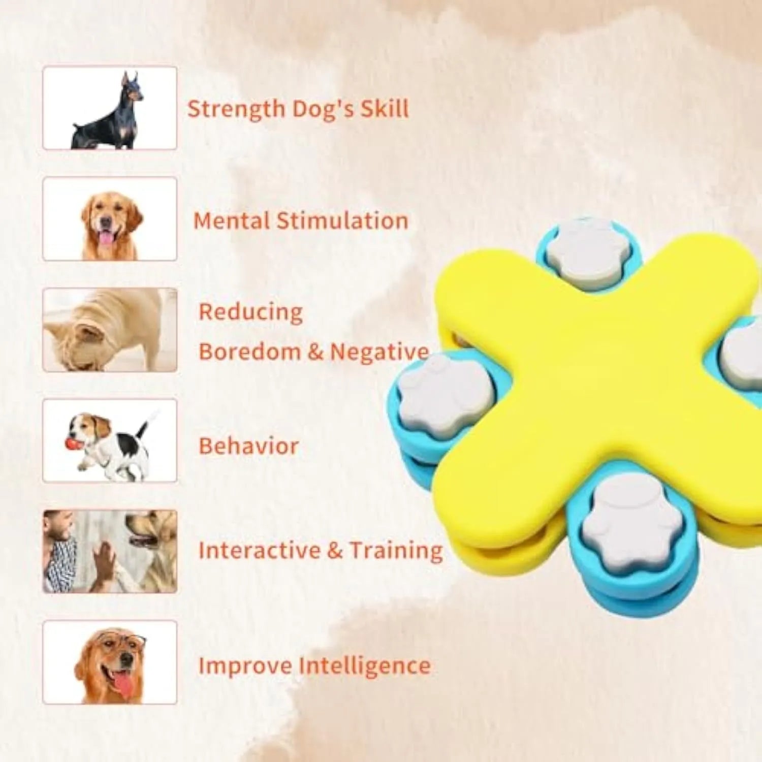 Yellow three-layer rotating dog puzzle feeder with anti-slip rubber pads on base