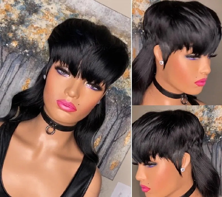 Black Brazilian synthetic wig with fringe and front short, back long hairstyle.