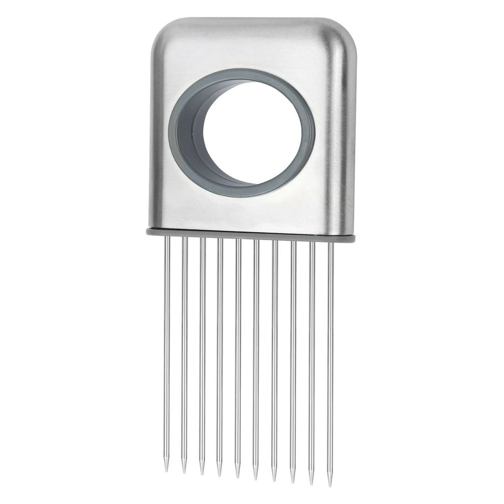 Stainless steel onion holder with ultra-sharp prongs and finger guard protector on a kitchen counter