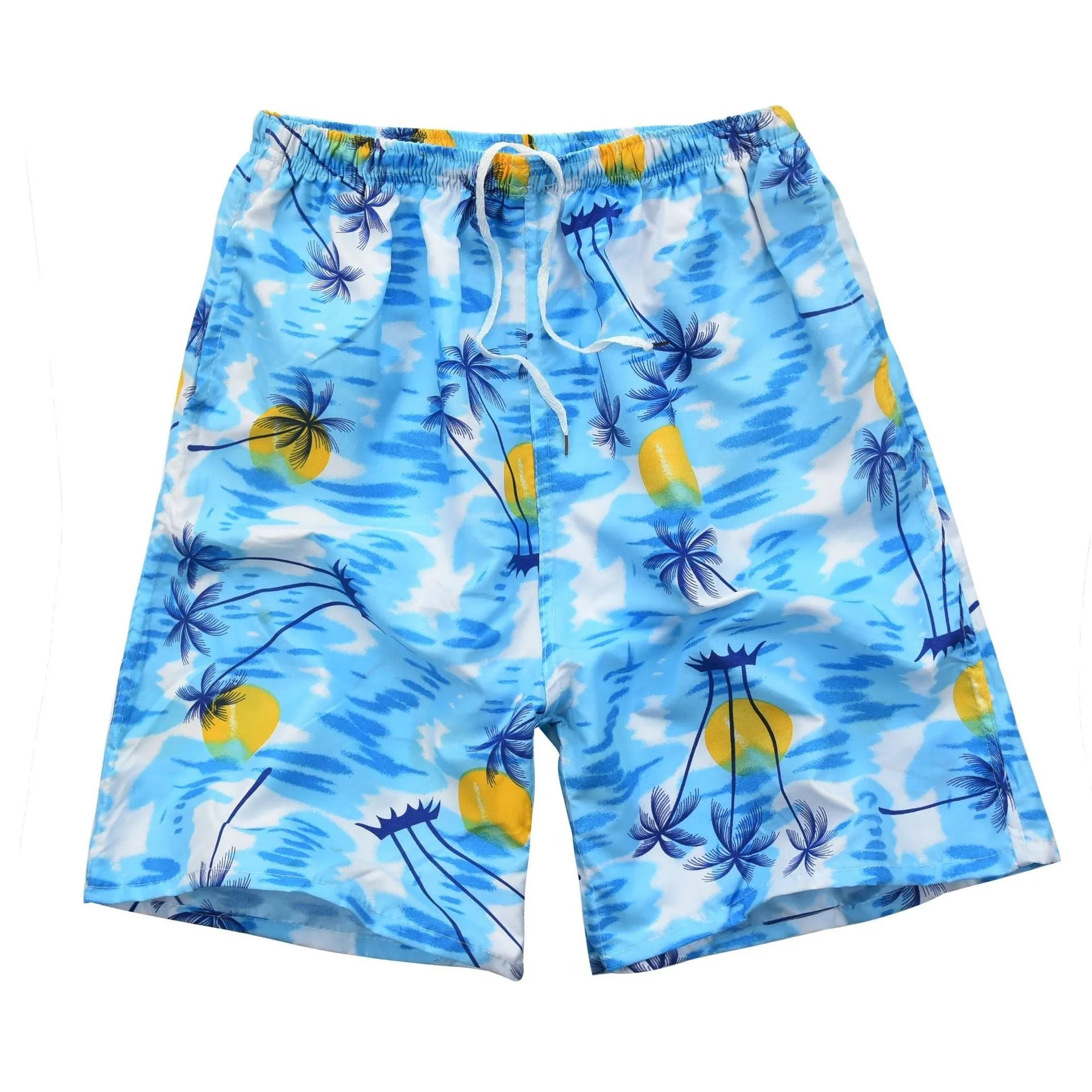 Men's floral print five-point swimming trunks in polyester, showing one of 24 available colour patterns.