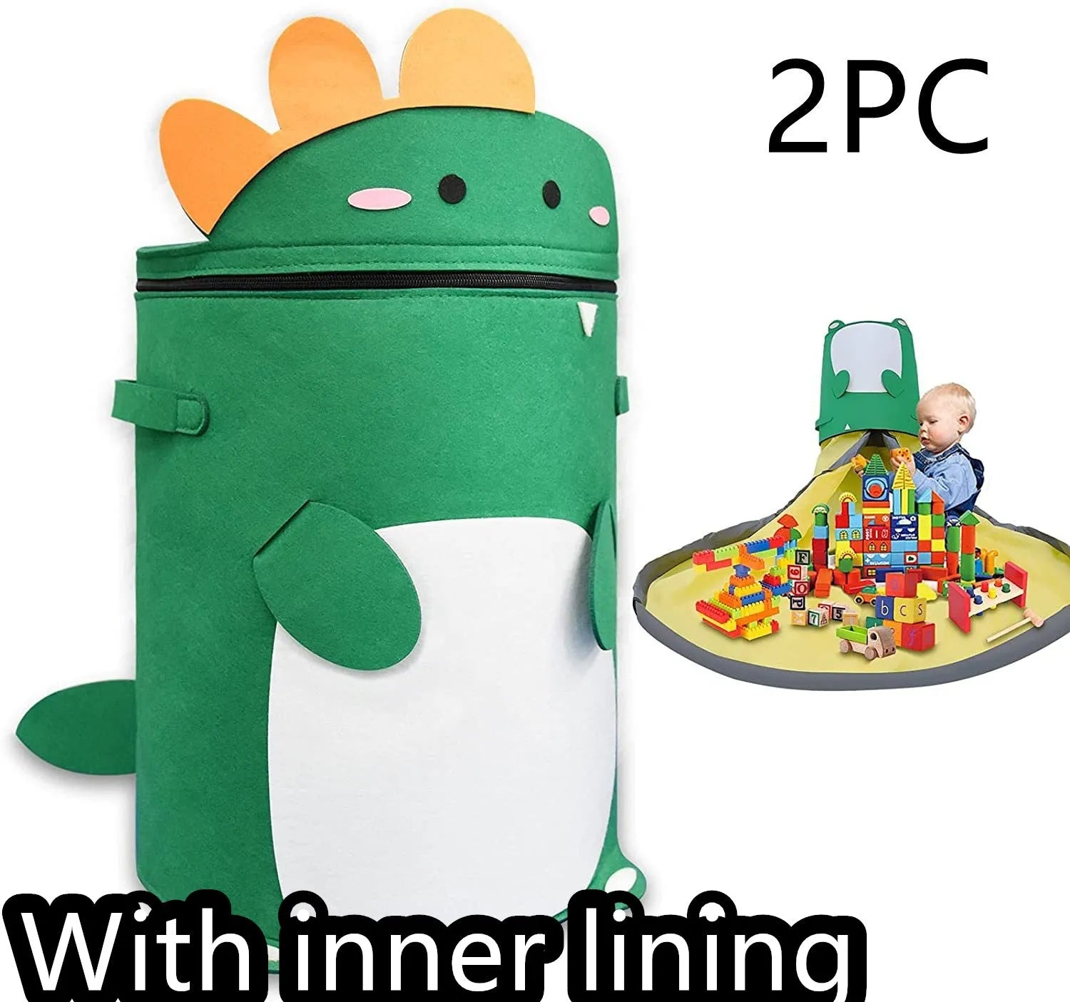 Green felt cube storage bag with pull rope, laid flat as a play mat for toys.