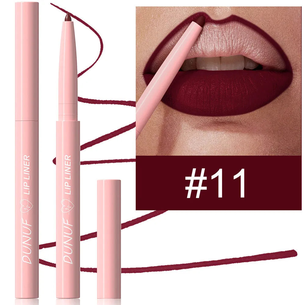A single velvet matte lip liner pencil shown with a swatch of its colour, representing one of 12 available shades.