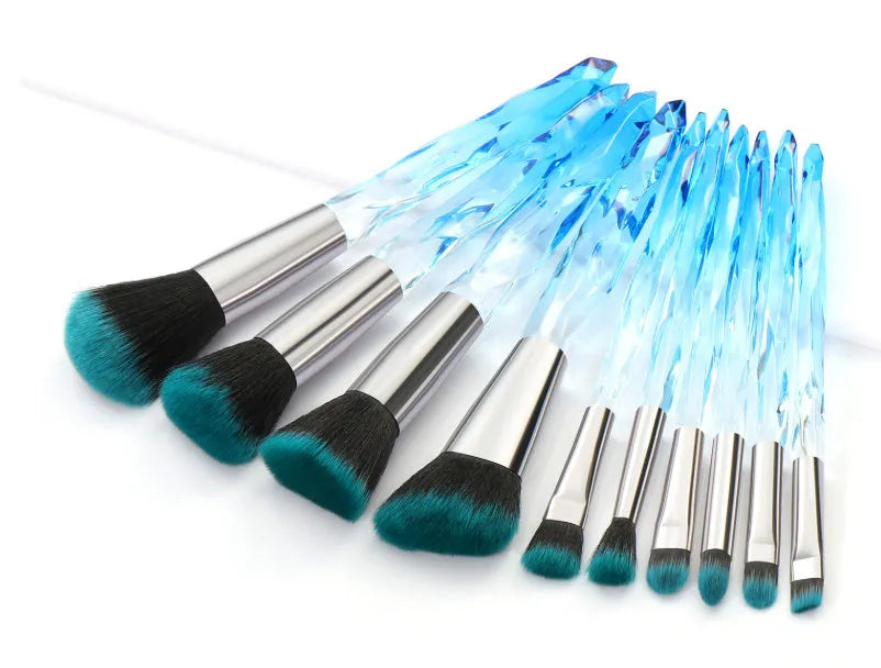Set of 10 clear crystal diamond foundation brushes with synthetic bristles in a choice of handle colours.