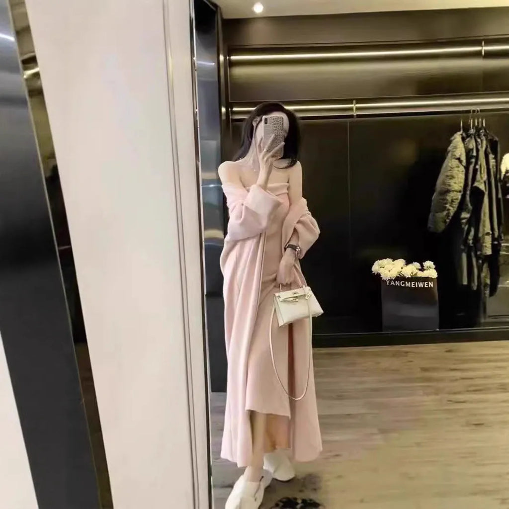 Women's grey knitted cardigan dress and coat two-piece suit set with flocking detail