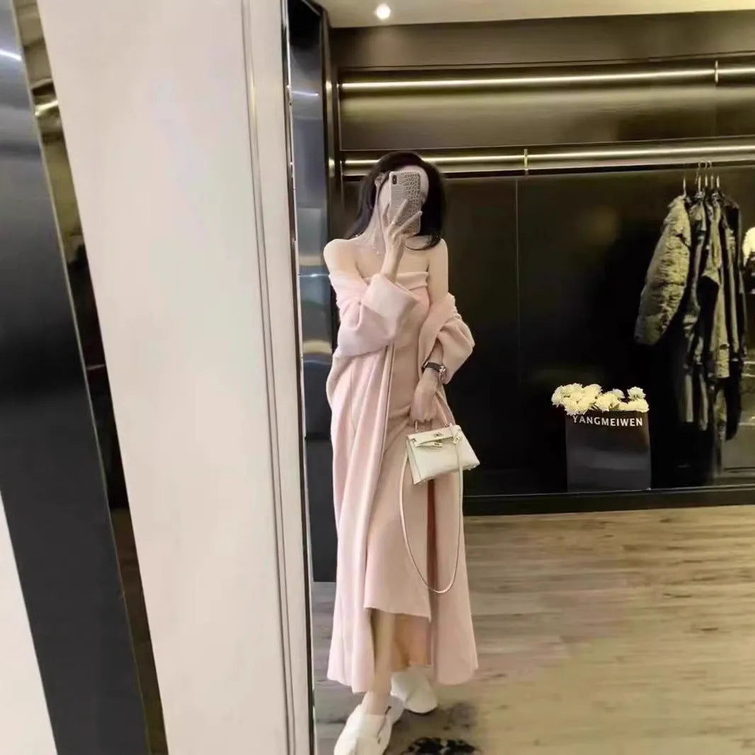 Women's grey knitted cardigan dress and coat two-piece suit set with flocking detail