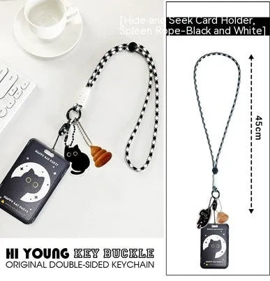 Plastic card holder with cartoon black cat design and a metal ferrule pendant attached.