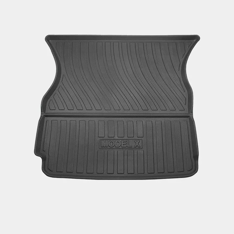 Tesla Model X waterproof TPE rubber floor mats showing left and right rudder design for vehicle-specific fitment