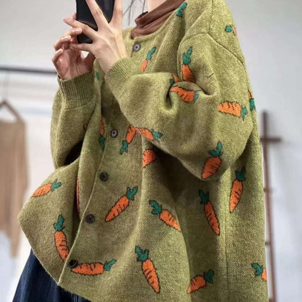 Loose artistic print cardigan sweater with colour contrast design and round neck