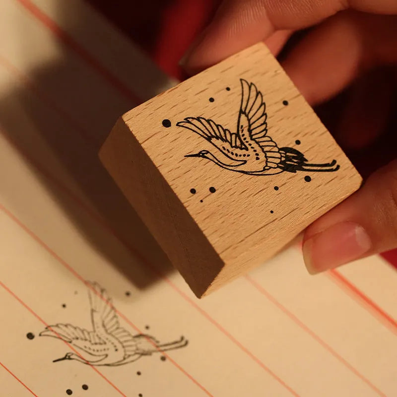 Mr. Paper wooden seal with crane design rubber printing plate for DIY stationery crafting