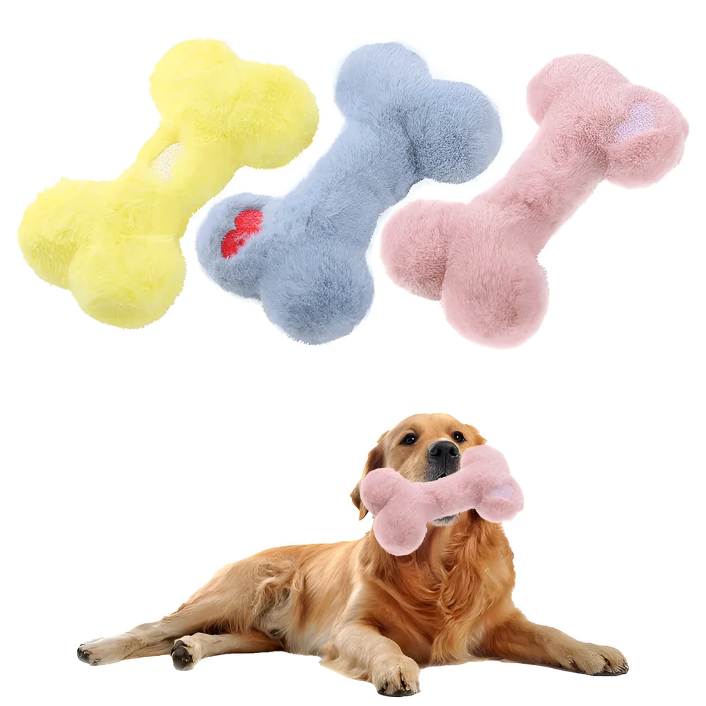 Blue Love Bone shaped plush dog toy with a squeaker on a white background.